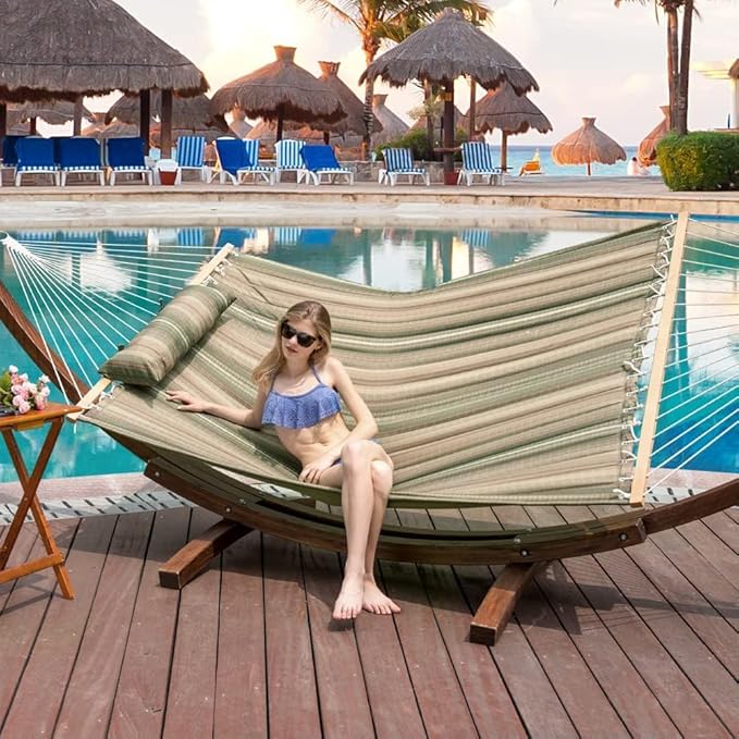 Lazy Daze 12 FT Quilted Fabric Double Hammock with Spreader Bars and Detachable Pillow 2 Person Hammock for Outdoor Patio Backyard Poolside 450 LBS Weight Capacity Mixed Green &amp Brown Stripe