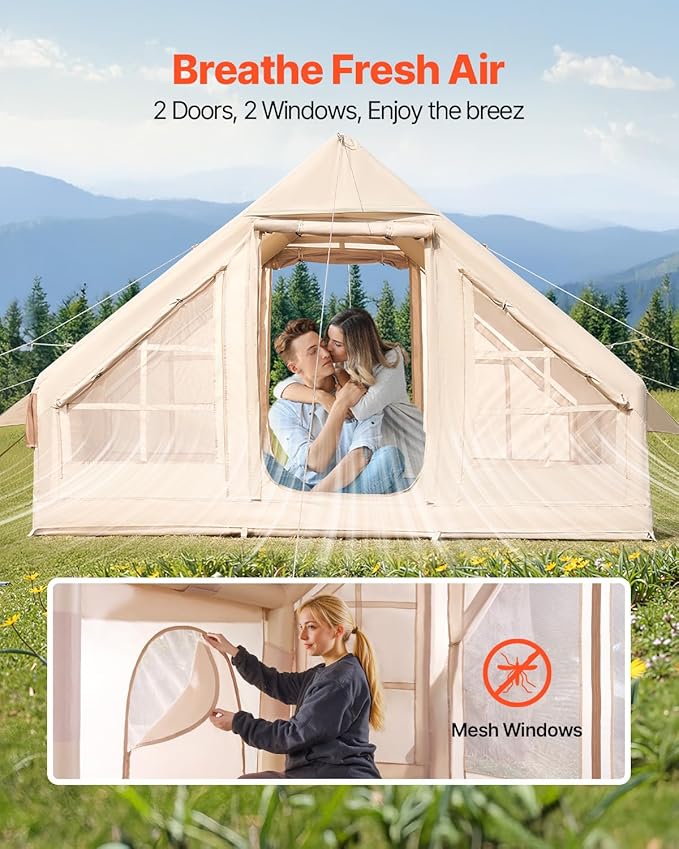 VEVOR Inflatable Tents for Camping Easy Setup Blow up Tent with Hand Pump 4 Season Glamping Tent with Stove Jack Doors &amp Mesh Windows Storage Bag Included for Easy Taking