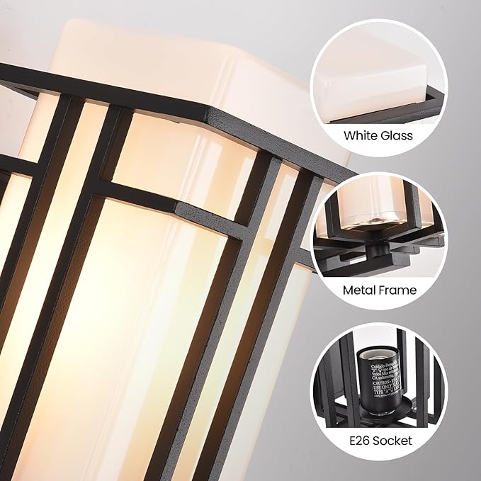 Outdoor Wall Sconce Waterproof Exterior Lights Wall Mount Anit-Rust Outdoor Wall Lantern with Rectangle White Glass Modren Black Exterior Wall Light for Front Door Patio Garage Entryway