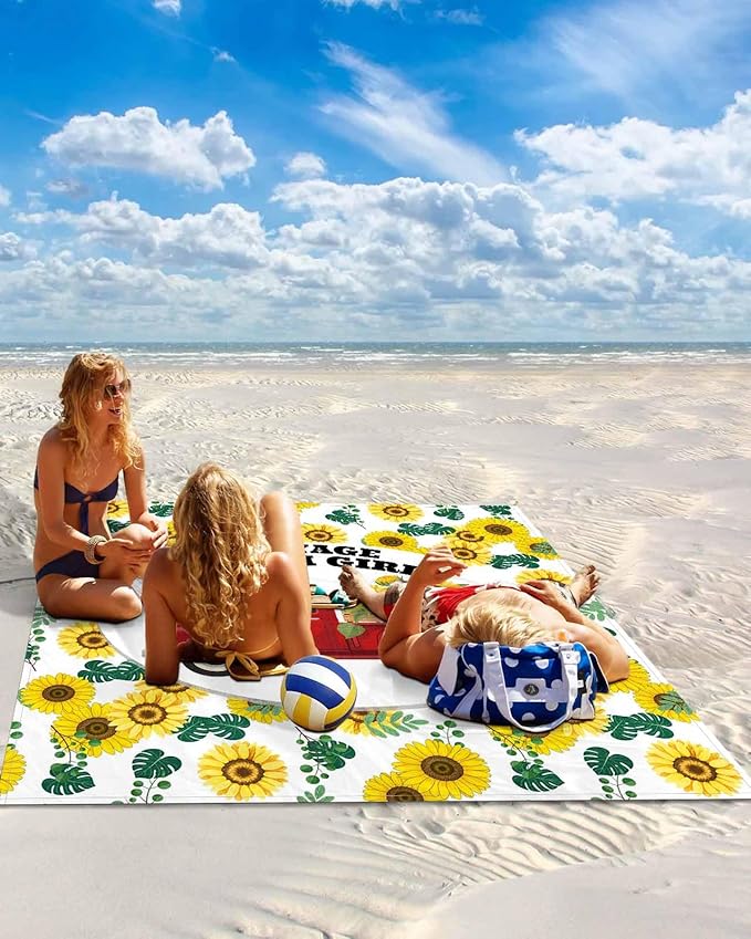 Beach Blanket Waterproof Sandproof OversizedFarm Yellow Sunflower Red Truck Beach Mat with Corner Stakes Sand PocketsSpring Green Leaves Outdoor Picnic Mat for Travel Camping Hiking118x108In