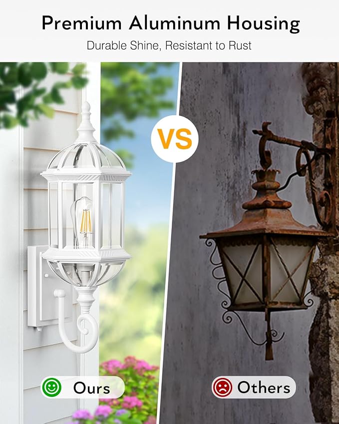 VIANIS Dusk to Dawn Porch Lights Outdoor Classic White Outdoor Wall Lights Anti-Rust Outside Lights for House with Tempered Beveled Glass Waterproof Exterior Lighting Fixtures for House Entryway