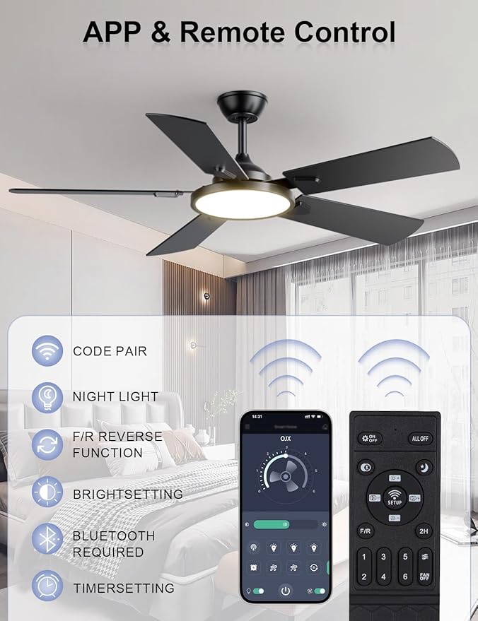 OJX Ceiling Fans with Lights 52 inch Ceiling fan with Light and Remote/APP Control 3CCT Quiet DC Reversible Dimmable Modern Ceiling Fan for Bedroom Living Room Kitchen Indoor/Outdoor Use