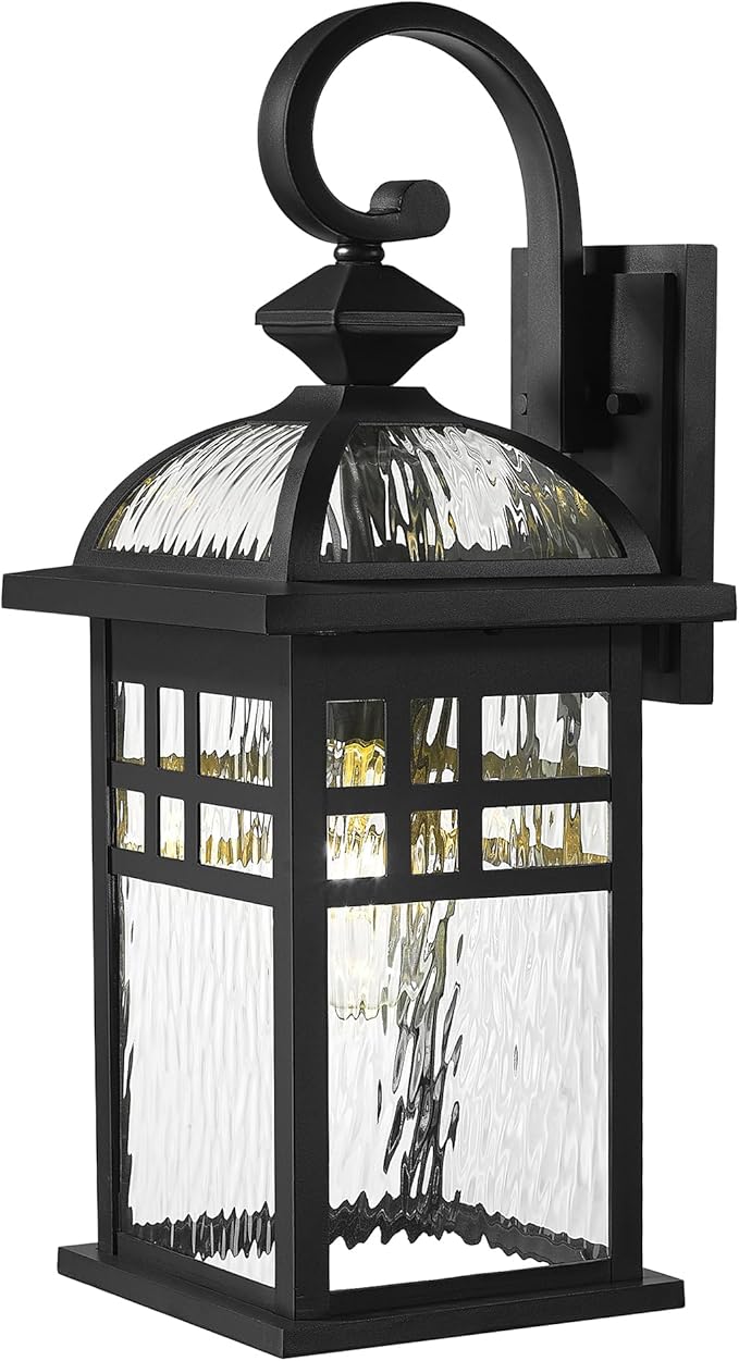 Emliviar Black Exterior Lighting Fixture 22 Inch Farmhouse Outside Lights for House with Water Ripple Glass DE281B-M BK-WP