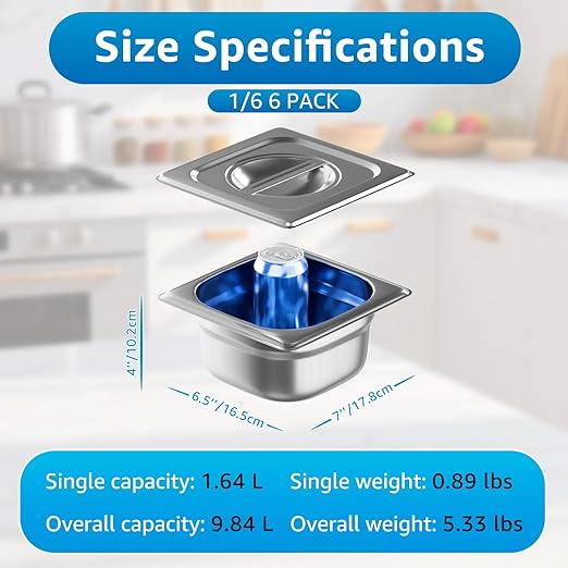 1/6 Size Commercial Hotel Pans 4 Deep (6 Pack) 0.7mm Stainless Steel Steam Table Pans with Lids Deep Food Storage Containers for Prep Stations Condiments &amp Multi-Use Anti-Jam Lug
