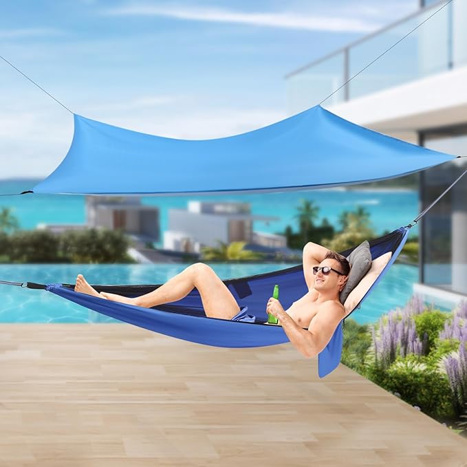 Camping HammockPortable Camping Hammock with Mosquito Net and Waterproof Tarp200kg Heavy-Duty Hammock for BackpackingHikingTravel-Lightweight and Compact Blue Design