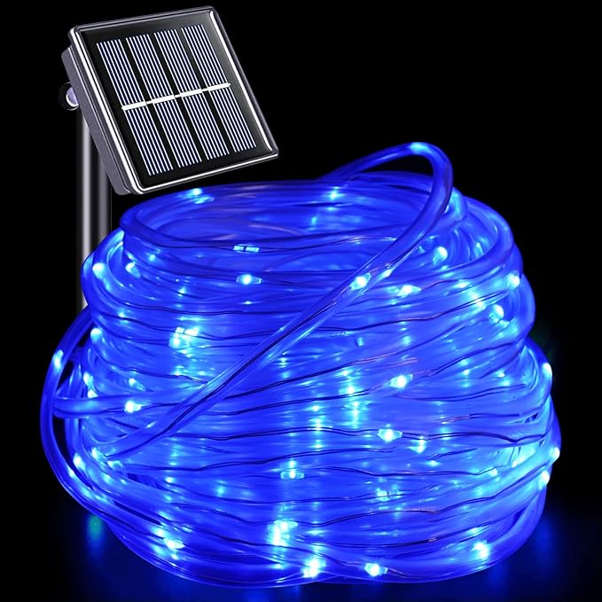 YEGUO Solar Christmas Light Outdoor Waterproof 66ft 200 LED Blue Rope Lights 8 Modes Tube String Lights in Clear Thin Tube