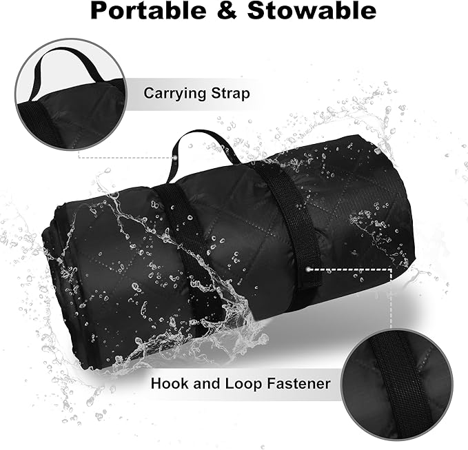 Waterproof Outdoor Blanket 92”X 60” Packable Stadium Blankets for Camping with Quilted Fleece Lining Large Windproof Emergency Throw Mat for Garss Picnic Hiking Road Trip Machine Washable Black