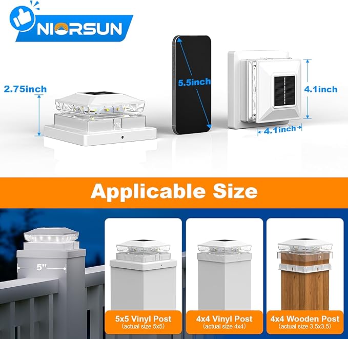 NIORSUN Solar Post Cap Lights Outdoor Waterproof 2 Lighting Modes 4x4 Post Solar Lights Fence Posts Solars Light for Deck Patio Garden Decoration 4x4 Posts Caps Wood Vinyl 12 Pack (White)