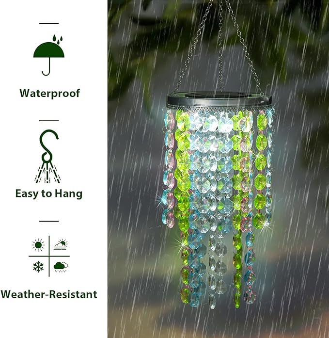 Hanging Solar Crystal Chandelier Outdoor 21” Modern Solar Multicolor Acrylic Beaded Lantern with Cool White LED S Hooks for Garden Yard Patio Gazebo Outside Decor