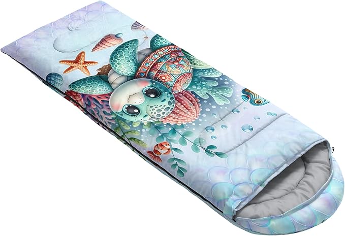 Ocean Themed Sea Turtle Sleeping Bag for Kids Boys GirlsLightweight Warm Cold Weather BackpackingWaterproof Compact Sleeping Bag with Compression Sack for Hiking Camping Outdoor.