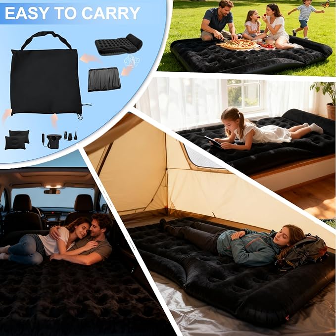 Car Air Mattress - Full Size SUV mattress Inflatable Camping Bed for Cars VAN Truck Trunk 4.6x6 ft Universal Car Airbed Thicked 20cm Foldable Soft Sleeping Mat for Travel Roadtrip Tent Home Black