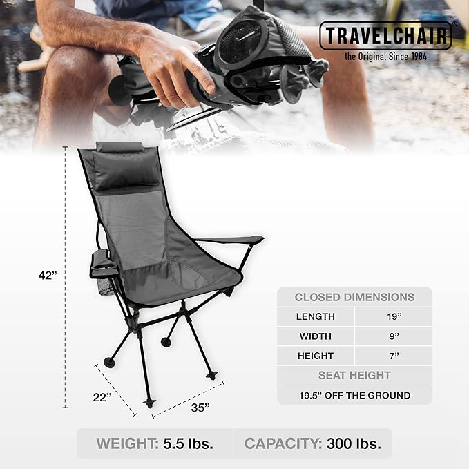 TravelChair Koala Chair- Lightweight Portable High Back Vented Mesh Seat Easily Assembled for Comfort on The Go (Black)