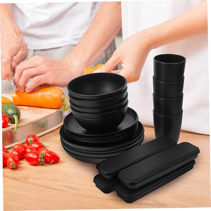 4sets Black Picnic Camping Utensil Set Cutlery Case Bowl Plate Cup Rv Dishes Dish