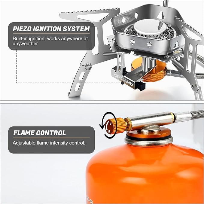 Odoland 3500W/6800W Windproof Camp Stove Camping Gas Stove with Fuel Canister Adapter Piezo Ignition Carry Case Portable Collapsible Stove Burner for Outdoor Backpacking Hiking and Picnic