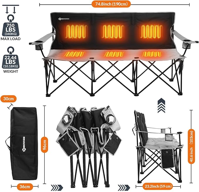 ANTARCTICA GEAR Heated Double Camping Chair with 12V 15000mAh Battery Pack - Heavy-Duty XL Folding Bench for Outdoor Campsites Tailgating - Portable Heated Seating with Adjustable Warmth