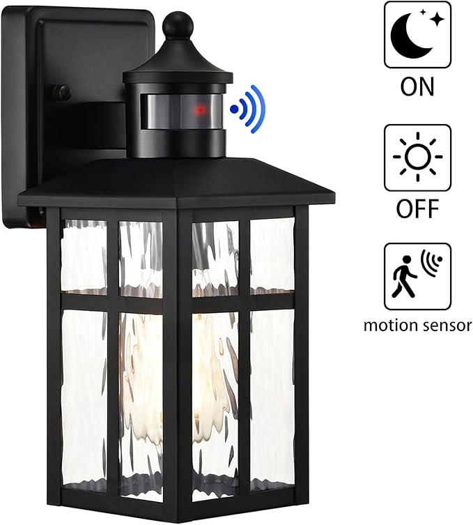 Edvivi Motion Sensor Porch Lights Outdoor Dusk to Dawn Outdoor Lighting Wall Sconces with Water Glass Matte Black Wall Mounted Lantern Light Wet Rated Exterior Lighting Fixtures for House 2-Pack