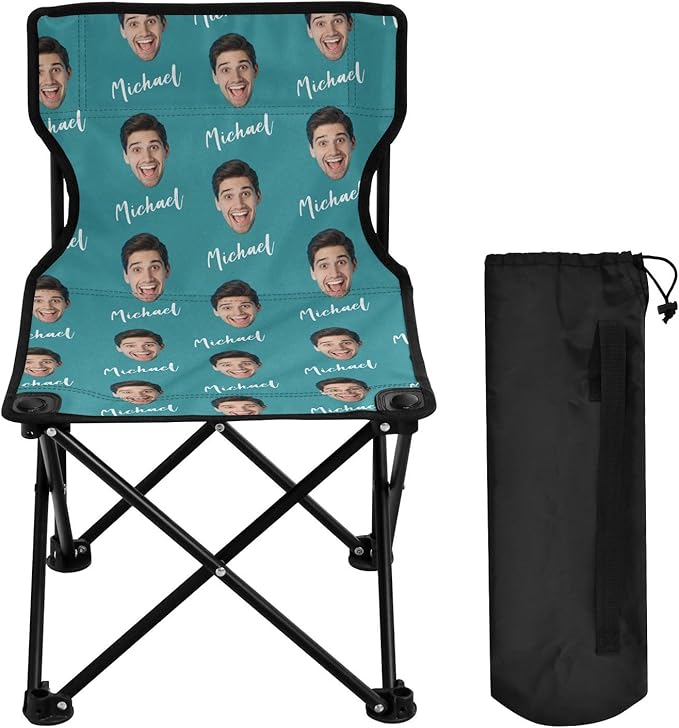 Sinestour Teal Blue Custom Photo Folding Camping Chair for Teen Child Personalized Name 14.6×14.6in Portable Outdoor Chair with Carry Bag for Travel Barbeques Picnic