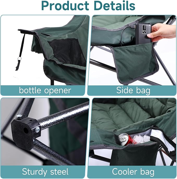 CDEN Heated Padded Chair Heated Camping Chair Heated Outdoor Chair Oversized Camping Chair with Cooler Bag Side Bag Heavy Duty Power Bank (1 Pack)