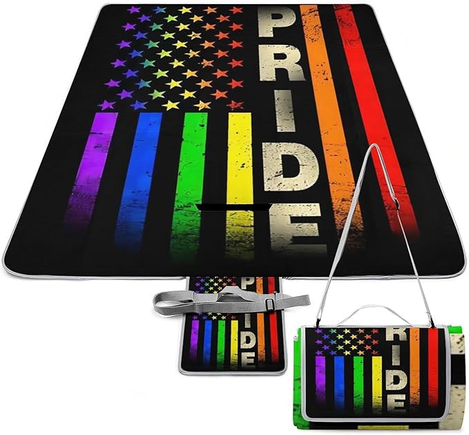 American Flag Rainbow Lesbian Gay Love Pride Waterproof Outdoor Picnic Blanket Sandproof Beach Mat for Camping Hiking Grass Travelling