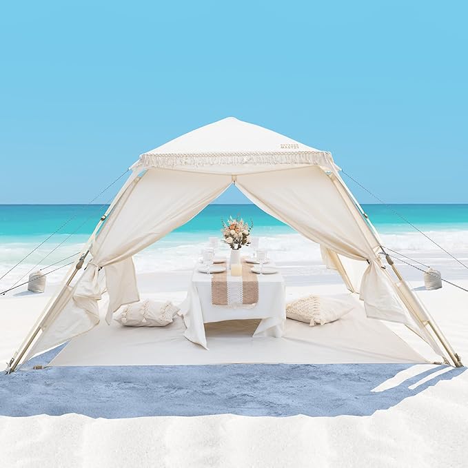 OutdoorMaster Pop Up Beach Tent with Fringe for 4 Person Easy Setup and Portable Beach Shade Sun Shelter Canopy with UPF 50+ UV Protection 11MM Thick Pole