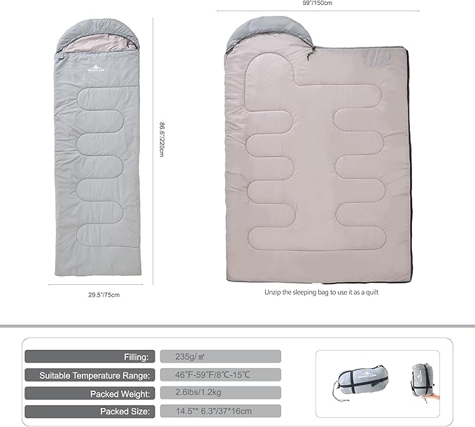 Lightweight Sleeping Bag 2.43lbs Backpacking Sleeping Bag 46℉-59℉ Nylon Shell and Lining Waterproof Compact Ultralight Sleeping Bag for Backpacking Camping Hiking