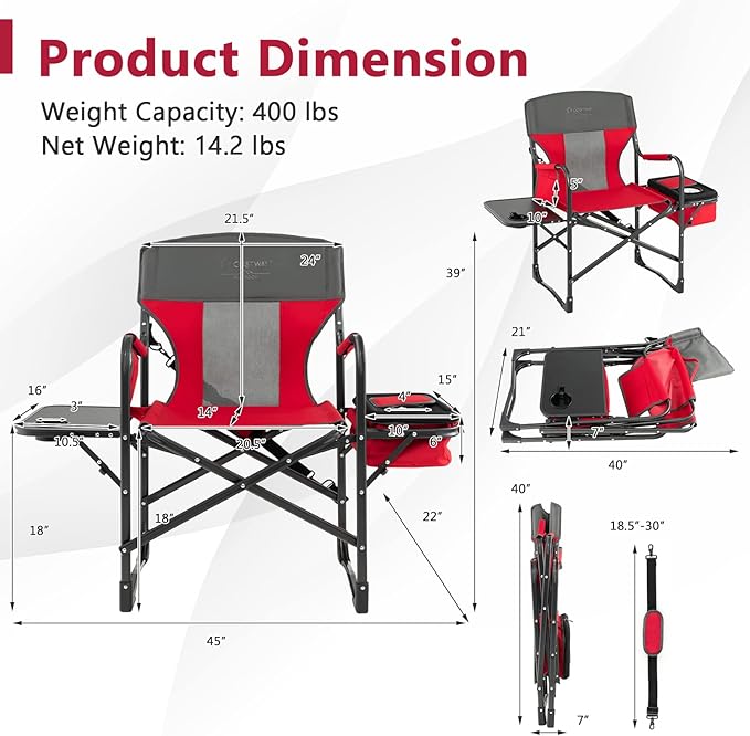 COSTWAY Folding Camping Chair Heavy-Duty Director Chair Supports 400lbs for Adults with Side Table Cooler Bag Storage Strap Portable Makeup Chair Suitable for Fishing Picnic