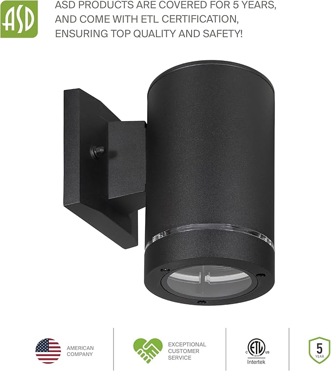 ASD 1 Light Outdoor Wall Light Fixture | 60W E26 Bulb Socket 120V ETL Cylinder Up Down Lights | LED/CFL/Incandescent Bulb Exterior Wall Sconce | Front Door Porch Patio Lighting | Ringed Black 2 Pack