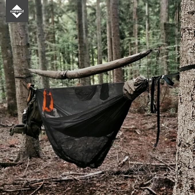 OneWind 11ft Portable Camping Hammock with Mosquito Net Adjustable Ridgeline Double Hammock with 2*12Ft Tree Straps Coyote Brown