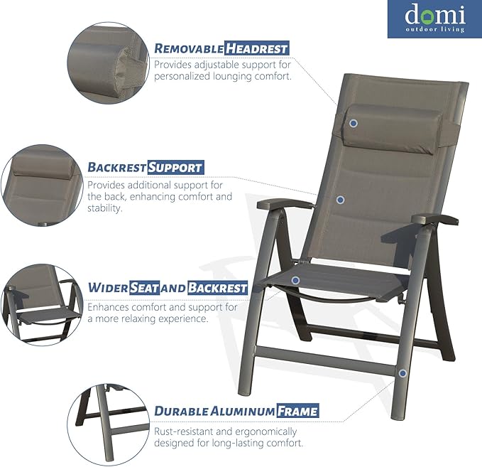 Domi Patio Outdoor Sling Chairs Set of 2 with Moveable Headrest Folding Chairs Outdoor Reclining Camping Chairs with Armrest Adjustable High Backrest and Padded Textilene Fabric Seat