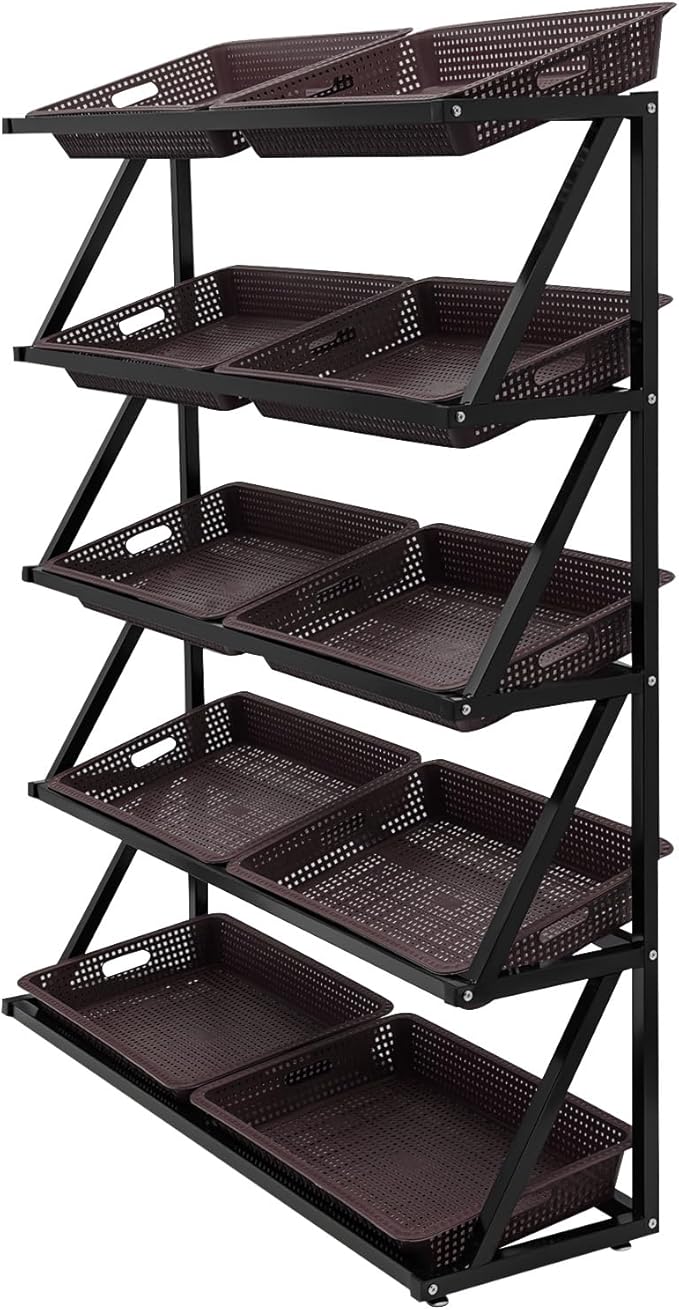 5-Tier Retail Display Rack Market Shelf Snack Rack with Adjustable Feet Supermarket Retail Display Stand with Metal Frame for Home Restaurants and Fruit Stores 47.24x13.78x59.06in