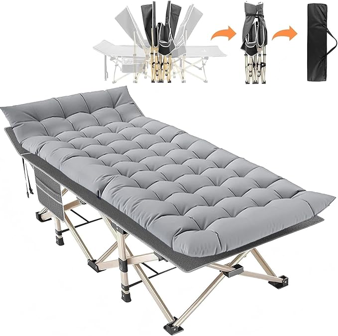 Folding Camping Cot for Adults Heavy Duty Sleeping Cots with Carry Bag Double Layer Oxford Portable Travel Camp Cots for Outdoor Camp Beach Home Office (Gold Frame with Gray Pad 1PACK)
