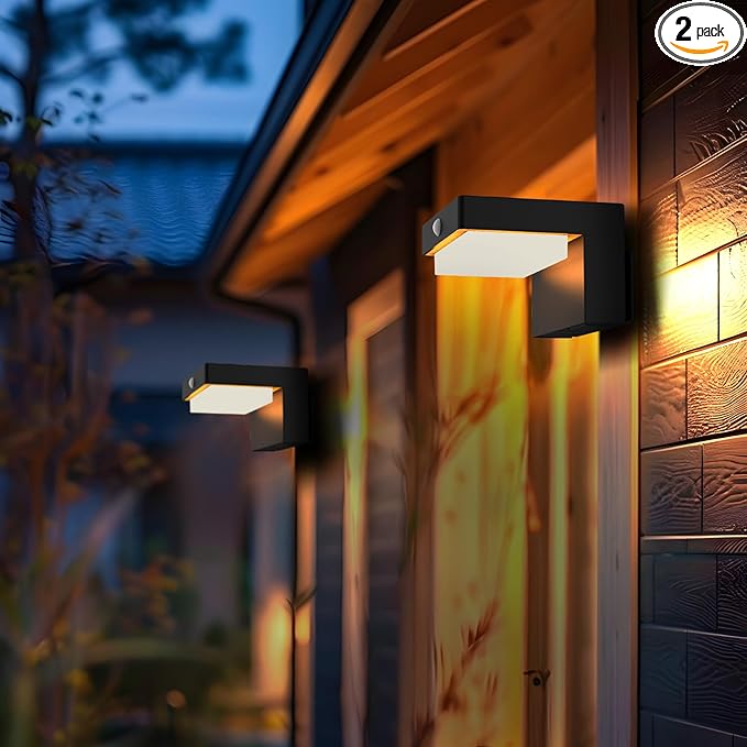Square Solar Wall Lights - Solar Powered Wall Lamps - LED Lights - PIR Sensor &amp Two Lighting Modes - Rechargeable Battery Lasts Up to 55 Hours - 3000K - IP44 Weather Resistant - 2 Pack