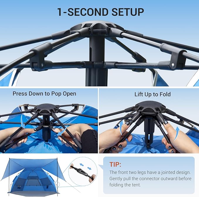 Elegear CumbreX™ Beach Tent with 360° Removable Canopy 4-6 Person Pop Up Sun Shade Shelter UPF 50+ Automated Installation Double Silver Coating Portable Lightweight Beach Cabana for Beach/Outdoor