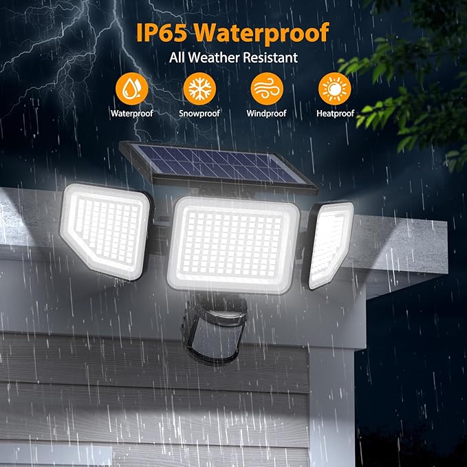 Onforu 4500LM Solar Lights Outdoor 3 Heads Security Lights with Remote Control IP65 Waterproof Motion Sensor Lights 3 Modes Flood Lights for Wall Porch Yard Outside 2 Pack