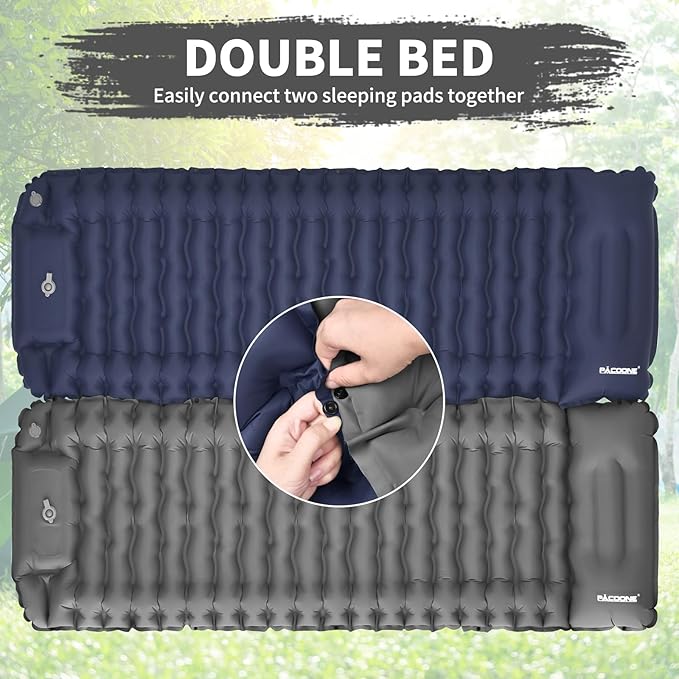 Camping Sleeping Pad Connectable Design for Double Mat Ultralight Inflatable Sleeping Mat with Pillow Built-in Foot Pump Portable Camping Air Mattress for Backpacking Hiking Tent (Grey)