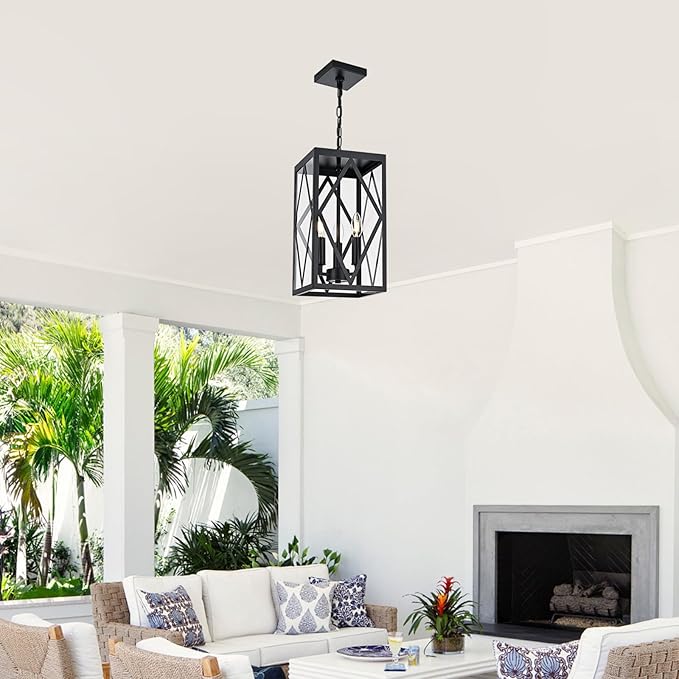 15.7'' Outdoor Pendant Light for Porch 3-Lights Metal Black Outdoor Chandelier Exterior Hanging Porch Light Fixtures w/Clear Glass Outside Pendant Lantern for Front Door Entryway E12 Base