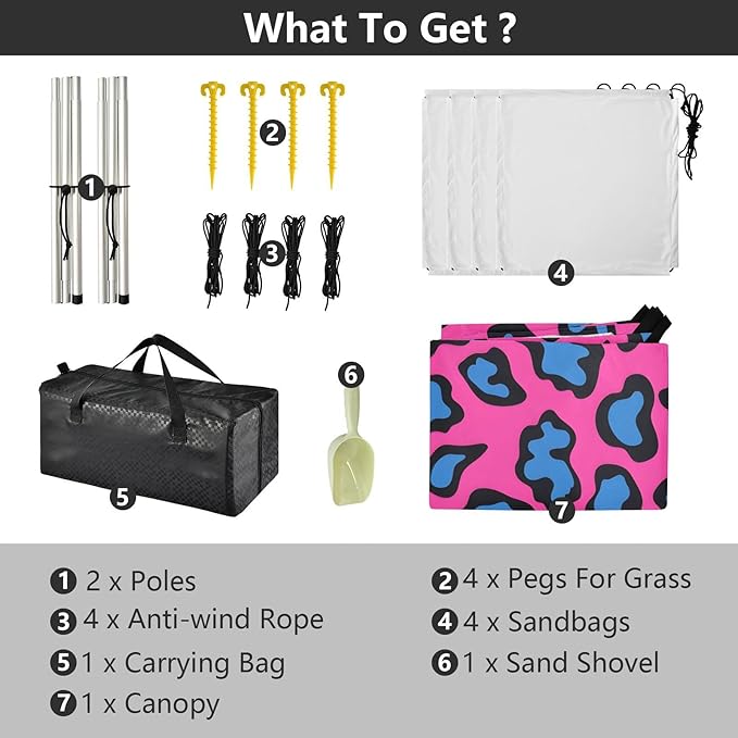 ALAZA Pink &amp Blue Leopard Print Cheetah Beach Tent Sun Shelter UPF50+ Protection Beach Shade Canopy w/ 4 Sandbags for Outdoor Camping Fishing Backyard Fun Picnic 10x9 ft
