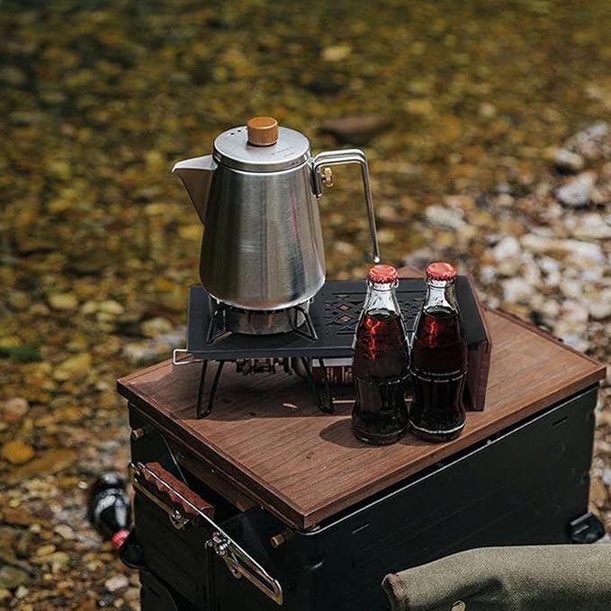 Alomejor Camping Table Portable Stainless Steel Outdoor Table Walnut Wood Stand for Family Gatherings Camping Trips BBQ Cooking
