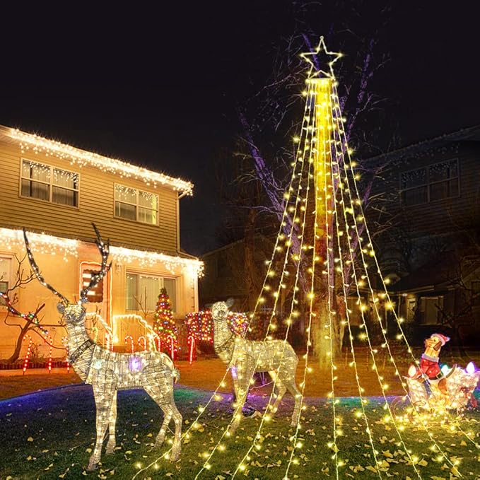 Christmas Decoration Star Lights Outdoor 320 LED 16.4Ft Christmas Tree Toppers String Lights [8 Modes&amp Waterproof] for Halloween Christmas New Year Holiday Birthday (Iron-Warm White)