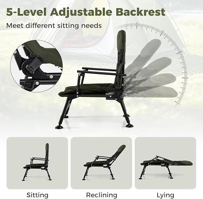 GYMAX Foldable Fishing Chair Heavy Duty Oversized All-Terrain Camping Chair 180° Adjustable Padded High-Back Portable Recliner for Outdoor Patio Beach (No Footrest)