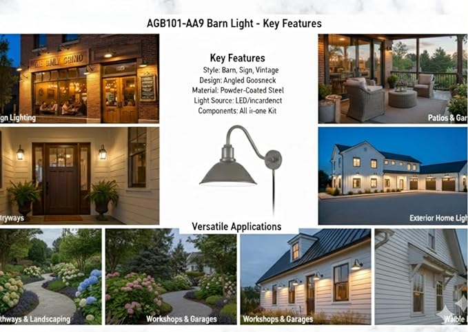 AGB101-AS20-GAL Gooseneck Barn Light - Galvanized Outdoor Dome with Incandescent Downlight | Wall-Mount Fixture for Patios Gardens Pathways and Large Outdoor Living Spaces