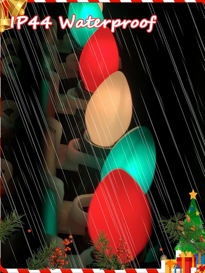 SUNSGNE C7 LED Christmas Lights Outdoor 25ft Vintage Christmas String Lights with 27 Red Green White LED Bulbs(2 Spare) for Patio Balcony Garden Roofline Decor E12 Base Socket