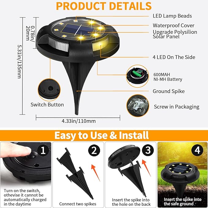 Solar Ground Lights 8 Pack 12 LED Solar Disk Lights Outdoor Waterproof In-Ground Landscape Lighting for Garden Pathway Yard Lawn Patio Deck Driveway Walkway Outside Decor (Warm White)