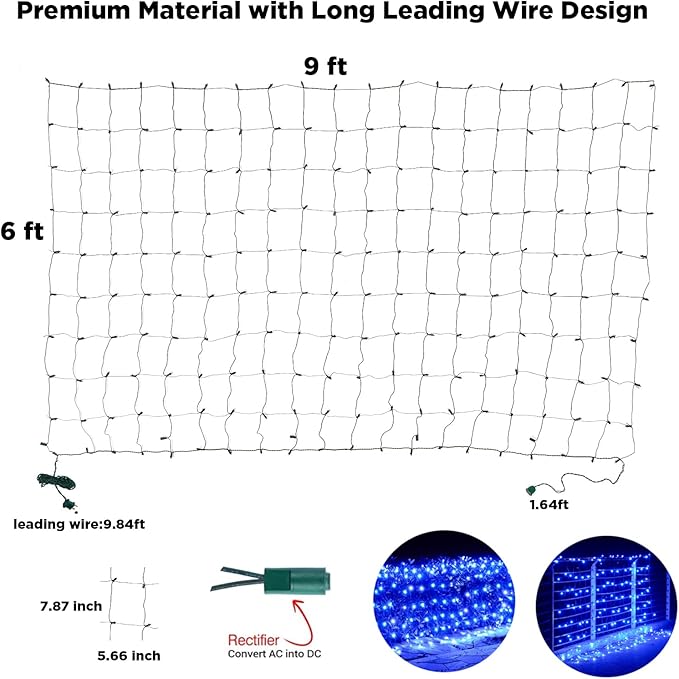 Led Net Lights Christmas Lights Outdoor 200Leds 9ft x 6ft Upgraded Blue Christmas Net Lighting Waterproof 5mm LED Wide Angle Outdoor Indoor Mesh Net Light for Trees Bushes Shrubs Decorations