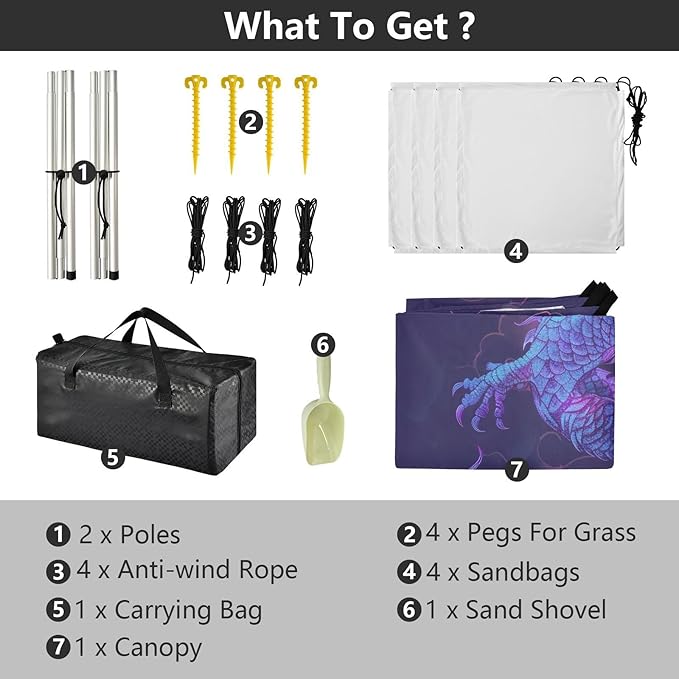Purple Dragon Beach Tent Sun Shelter 9.2' x 10.5' Beach Canopy with 4 Sandbags 4 Stability Poles Sand Shovels - Tent Canopy for Beach Camping Fishing Picnics