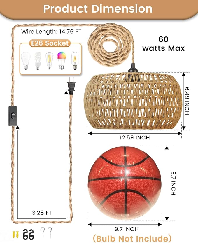 Rattan Boho Hanging Light12.6'' Natural Hand Woven Fabric Drum LightPlug Into Wall Outlet Pendant Light Fixture On/Off Switch for DiningLiving RoomBedroomKitchenHallway Entryway Without Bulb