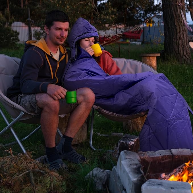 Large Outdoor Waterproof Blanket Extra Thick Fleece Stadium Blanket for Camping Car Pet Picnics - Windproof Wearable Machine Washable 80 x 58 (PurpleHooded)
