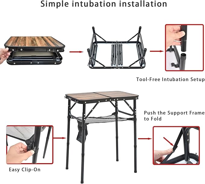 Mini Folding Camping Table - 2ft Lightweight Adjustable Height with Carry Handle Anti-Stain Desktop for Outdoor Glamping/Picnic/Patio &amp Indoor Decor (24 L×16 W)