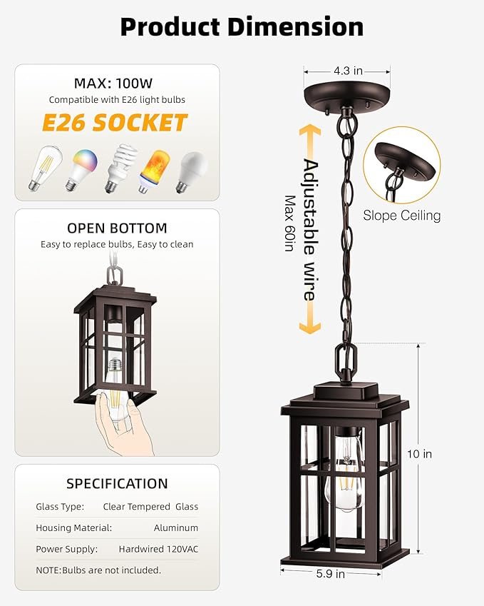 Bronze Hanging Porch Light Modern Outdoor Pendant Lights for Porch Waterproof Outdoor Hanging Lights with Tempered Glass Aluminum Hanging Exterior Light for Patio House Adjustable Chain