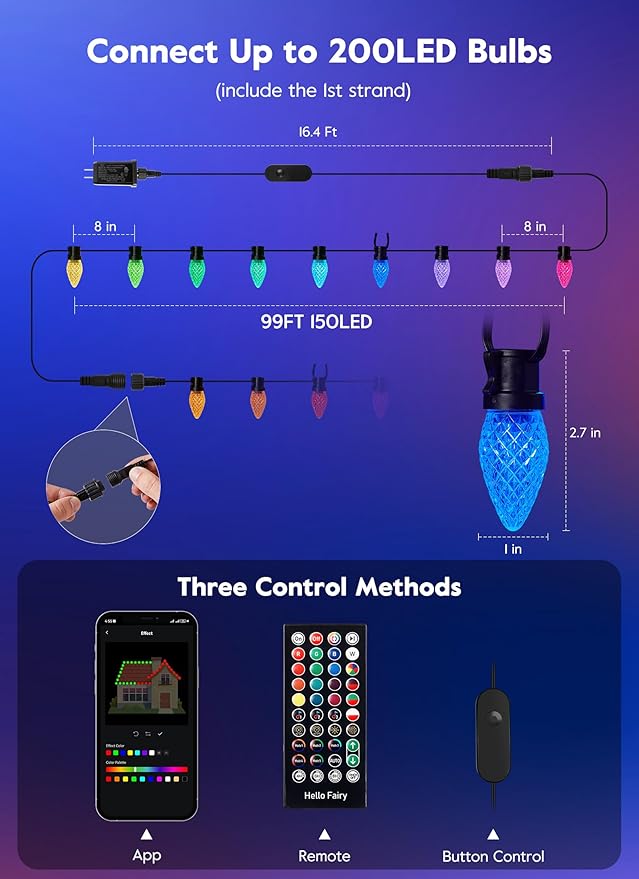 Brightown Smart C9 LED Christmas Lights 150 LED RGB C9 String Light with Remote App Control Music Sync Connectable Waterproof Outdoor Christmas Lights for House Tree Patio Holiday Xmas Decor